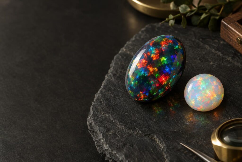 Black opal cabochon with harlequin patches of red, green and blue play-of-colour on dark slate