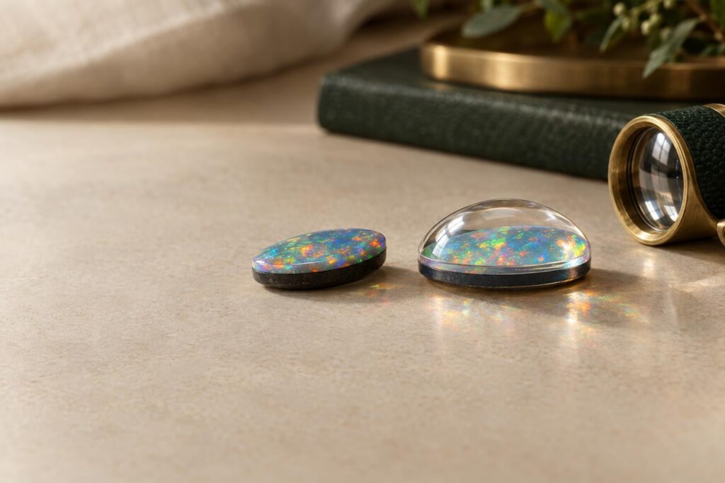 Opal doublet and triplet seen from the side, showing the cemented layers and a clear quartz cap