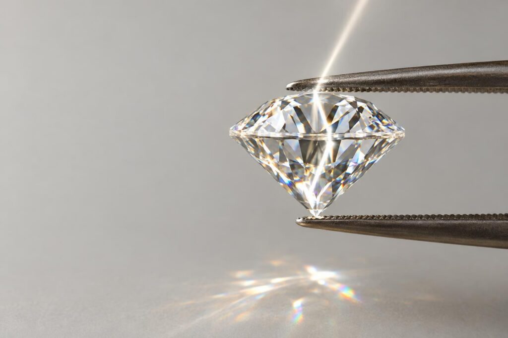 Side view of a round diamond in tweezers showing crown, girdle, pavilion and culet with light reflecting