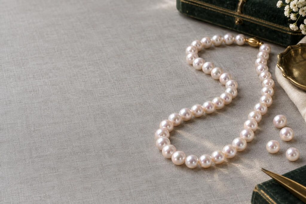 Strand of round cultured pearls with rose overtone and bright lustre on pale linen