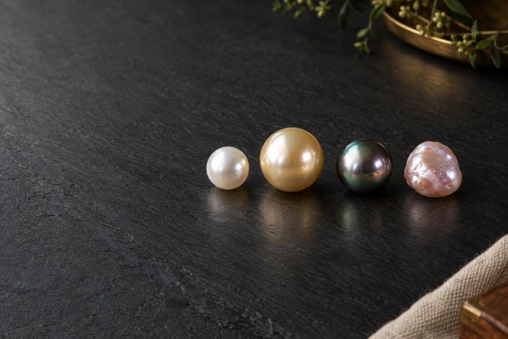 Akoya, South Sea, Tahitian and freshwater cultured pearls in a row on slate