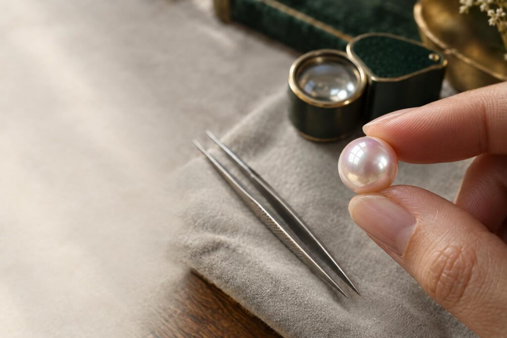 Hand tilting a white pearl to show sharp lustre, with loupe and tweezers nearby