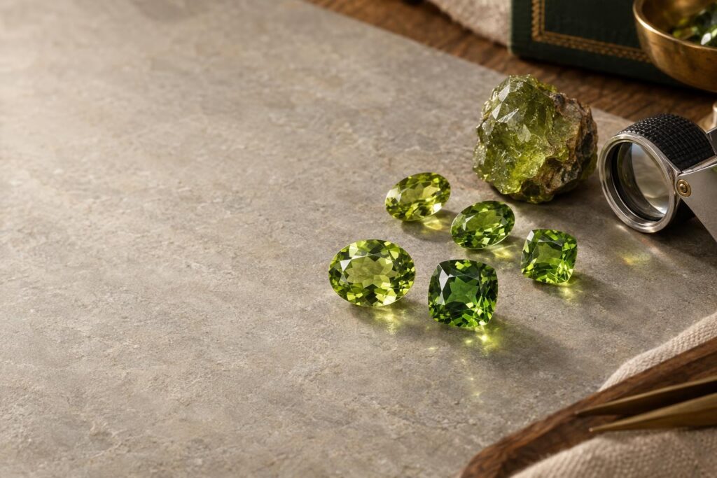 Loose oval and cushion-cut peridot gems in shades of green beside a rough crystal and a jeweller's loupe