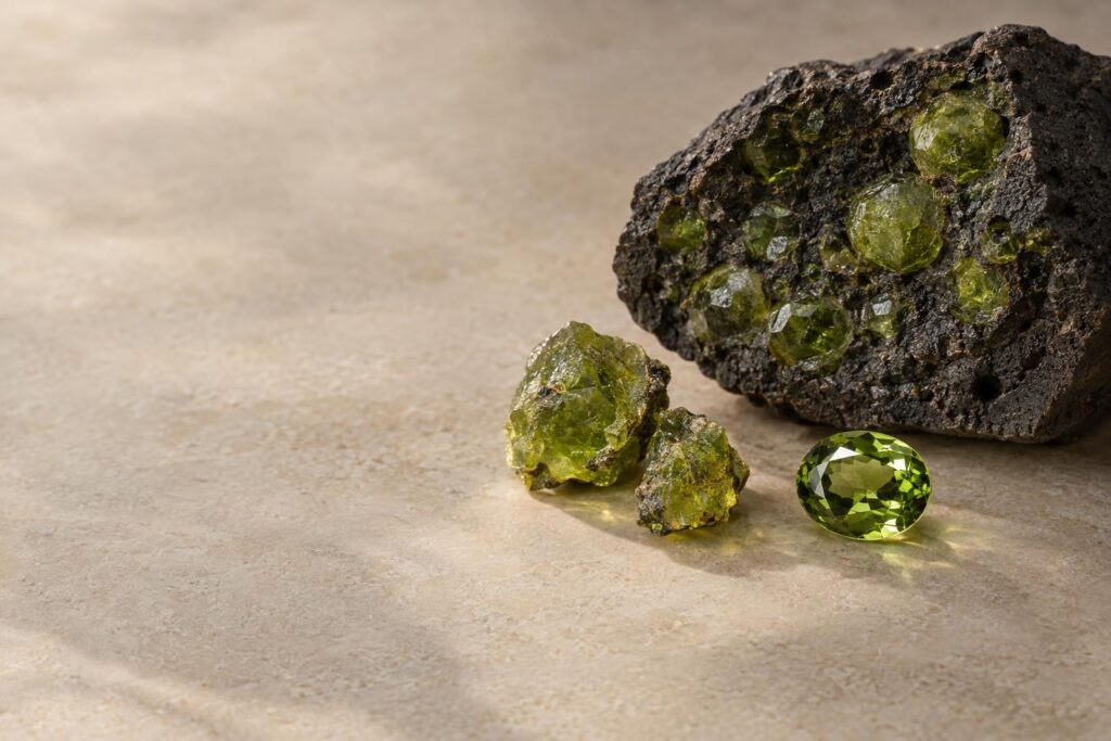 Basalt with olive-green peridot nodules, rough crystals and one polished oval peridot