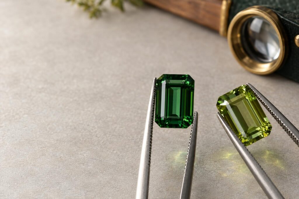 Two green tourmaline emerald-cut gems at different angles showing deep green and light yellow-green, with tweezers and loupe