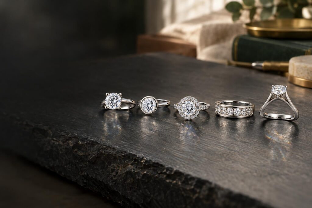 Five plain rings with different settings lined up on a dark slate jeweller's bench in soft light