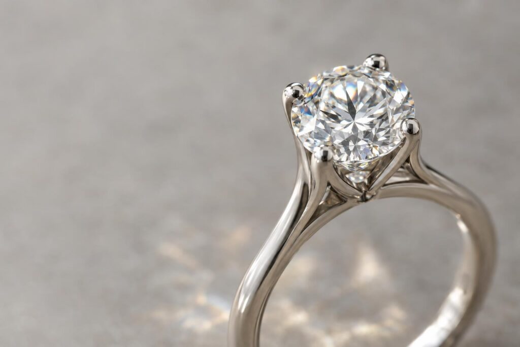 Cathedral ring with raised arches and a four-prong head holding a round brilliant diamond