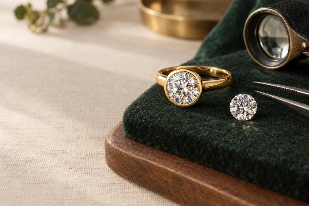 Round diamond in a gold bezel rim beside tweezers and a loupe on a dark felt pad
