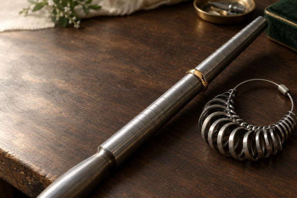 Ring mandrel with a gold band and a set of metal finger sizing gauges on a walnut jeweller's bench
