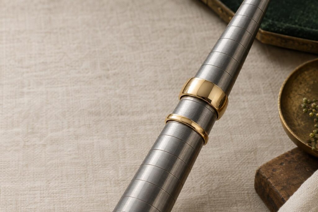 Narrow and wide gold bands on a steel ring mandrel showing how band width affects fit
