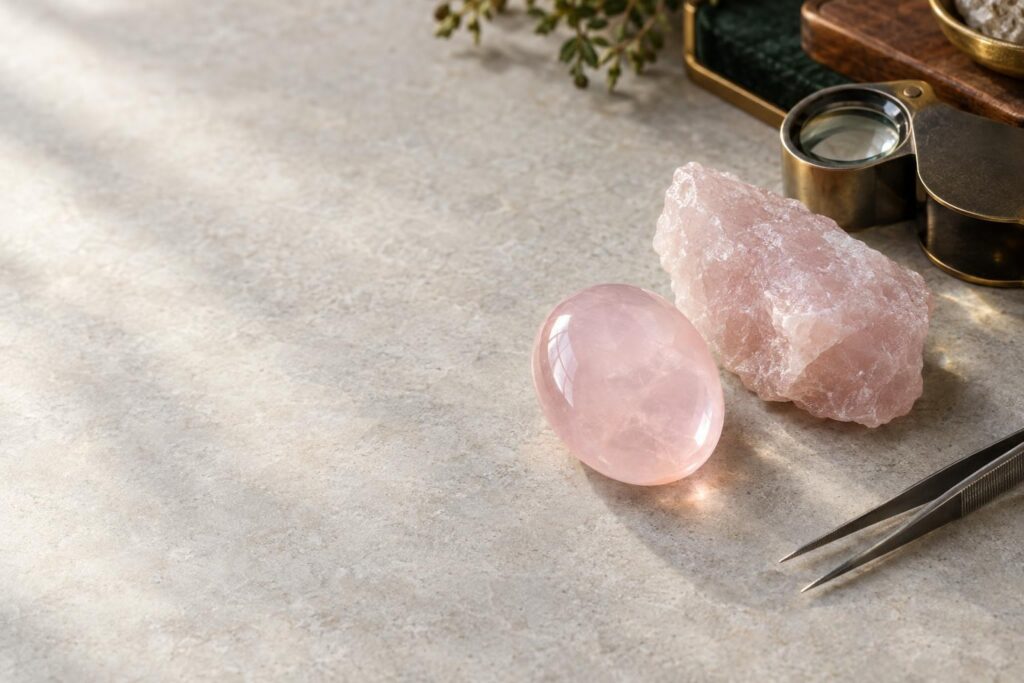 Polished pink rose quartz cabochon beside a rough rose quartz piece, with a loupe and tweezers on a pale stone bench