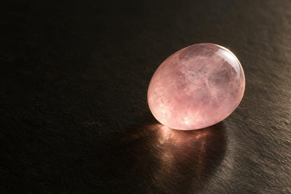 Backlit rose quartz cabochon showing soft pink glow and cloudy translucence from internal inclusions