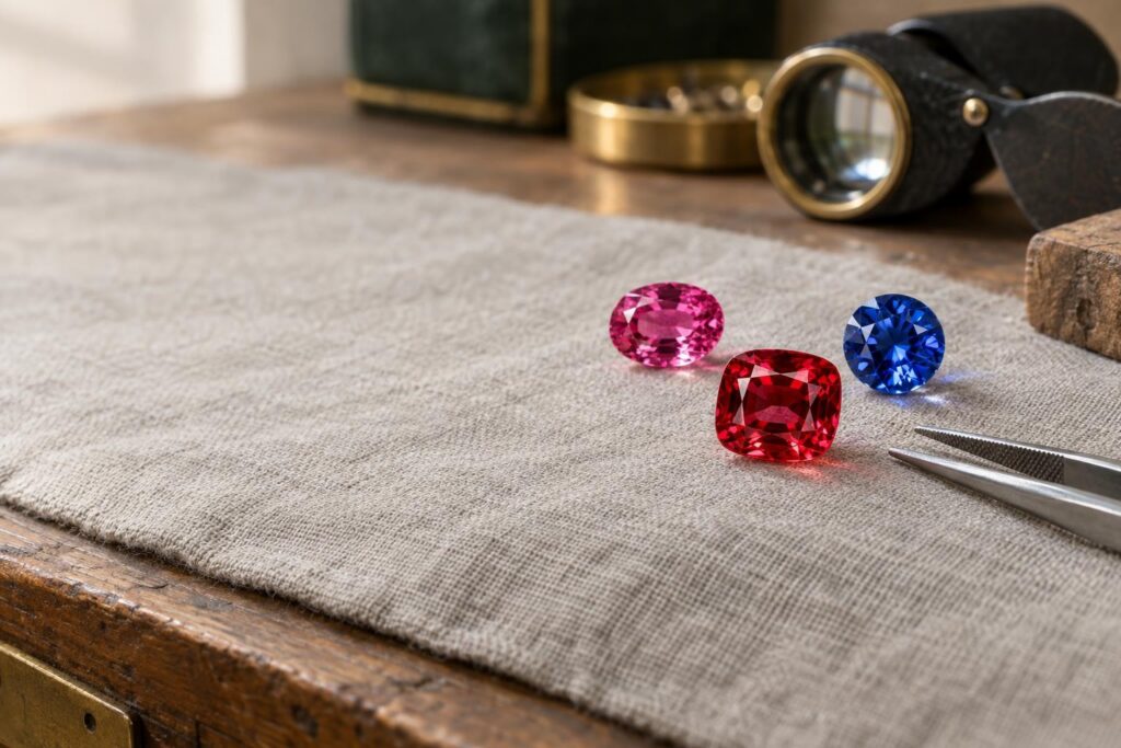 Red, pink and blue loose spinels in cushion, oval and round cuts on grey linen beside tweezers and a loupe
