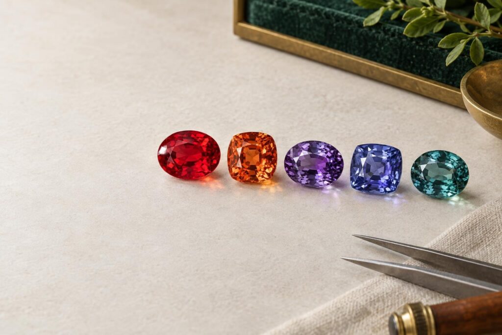 Spinels in red, orange, purple, blue and bluish green showing the colour range of the gem