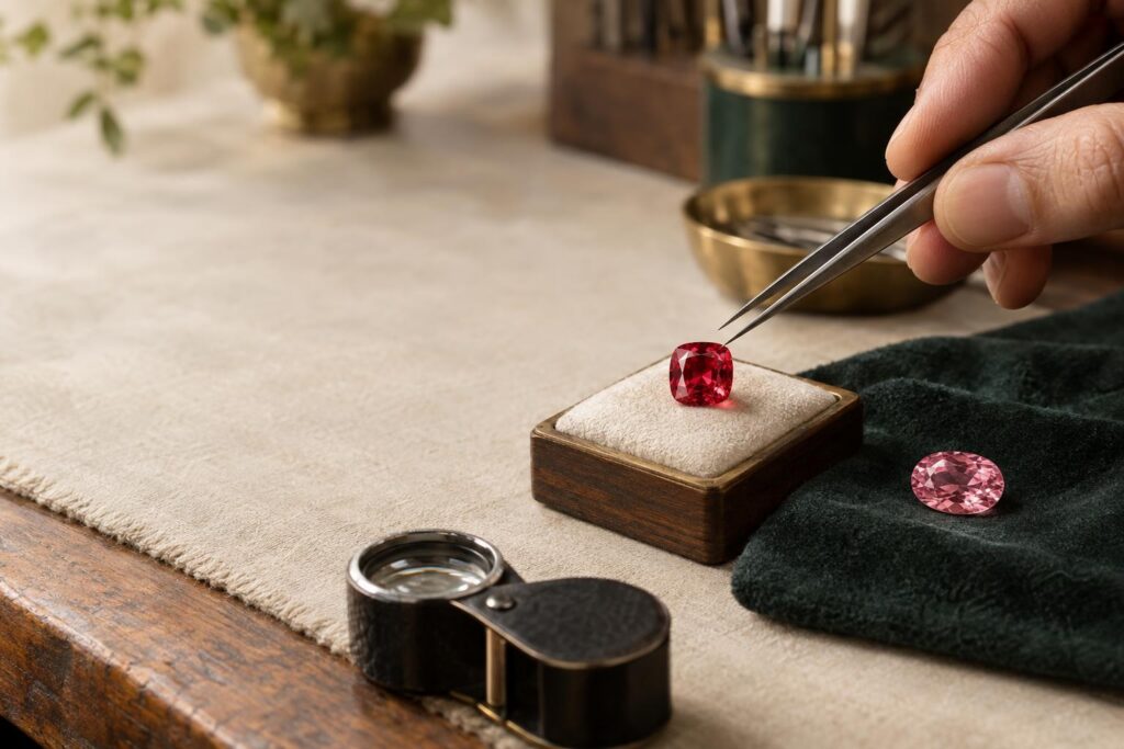 Tweezers holding a red cushion-cut spinel beside a pink oval spinel under a bench light