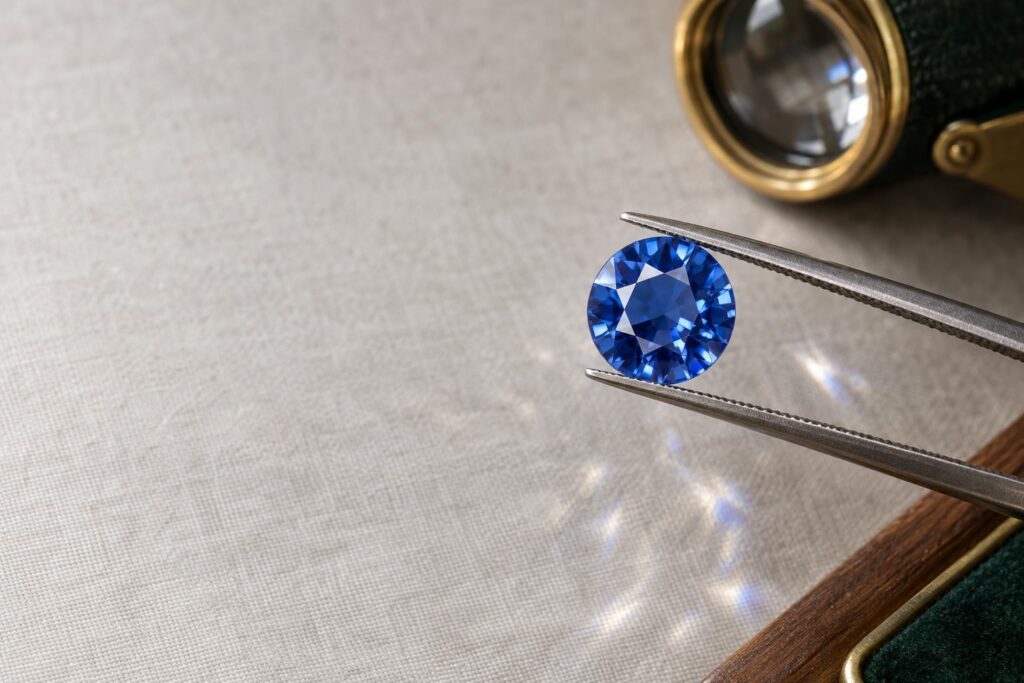 Macro view of a blue sapphire's table facet and girdle edge held in tweezers beside a loupe