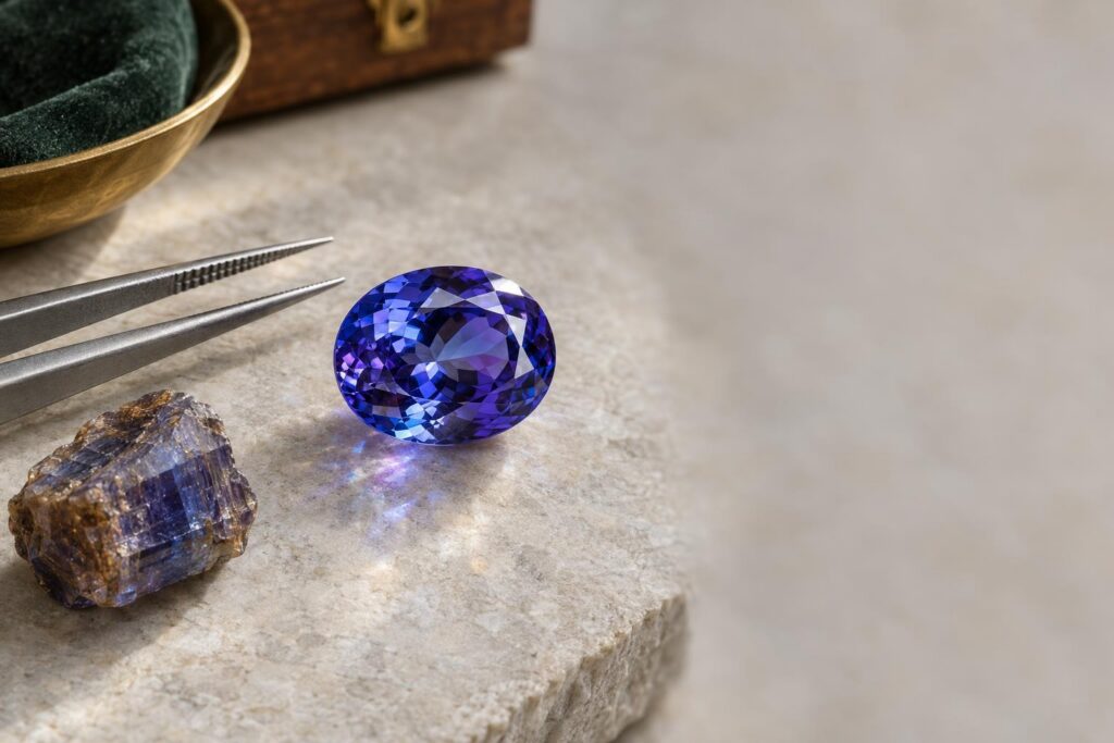 Loose oval tanzanite in violetish blue beside tweezers and a small rough crystal on pale stone