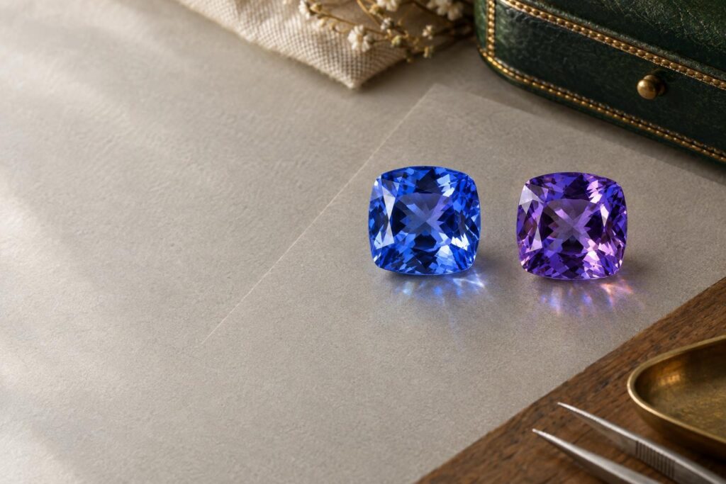 Two cushion-cut tanzanites, one blue in cool light and one violet in warm light
