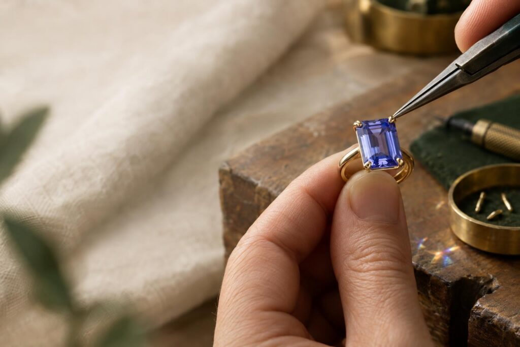 Hands at a bench examining a tanzanite ring with protective claws set around the corners