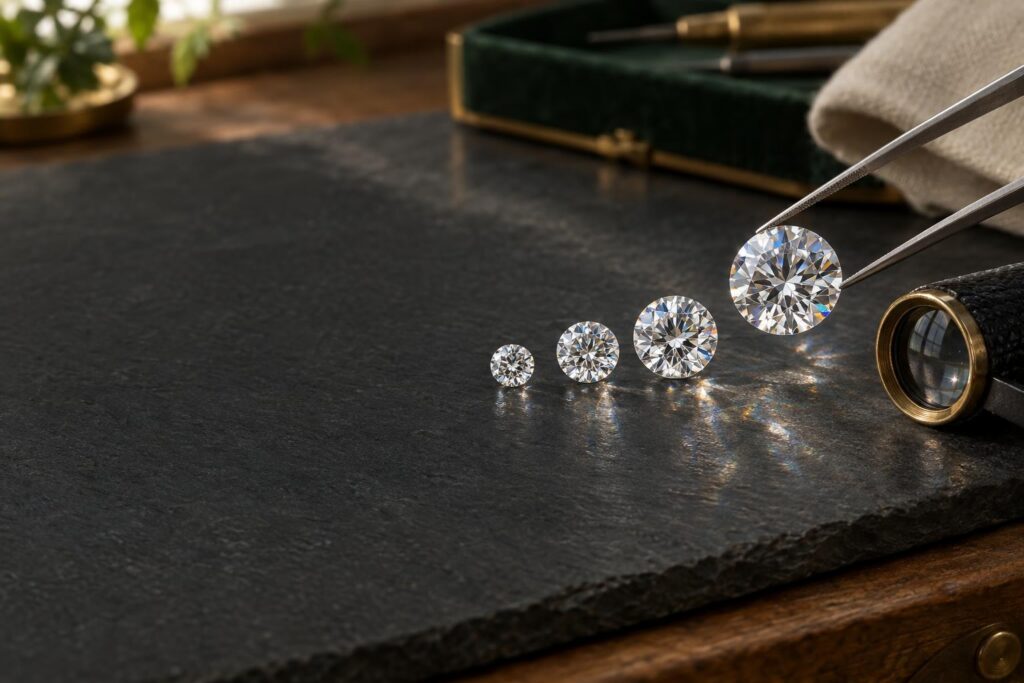 Four loose round brilliant diamonds of different sizes on dark slate with tweezers and a loupe