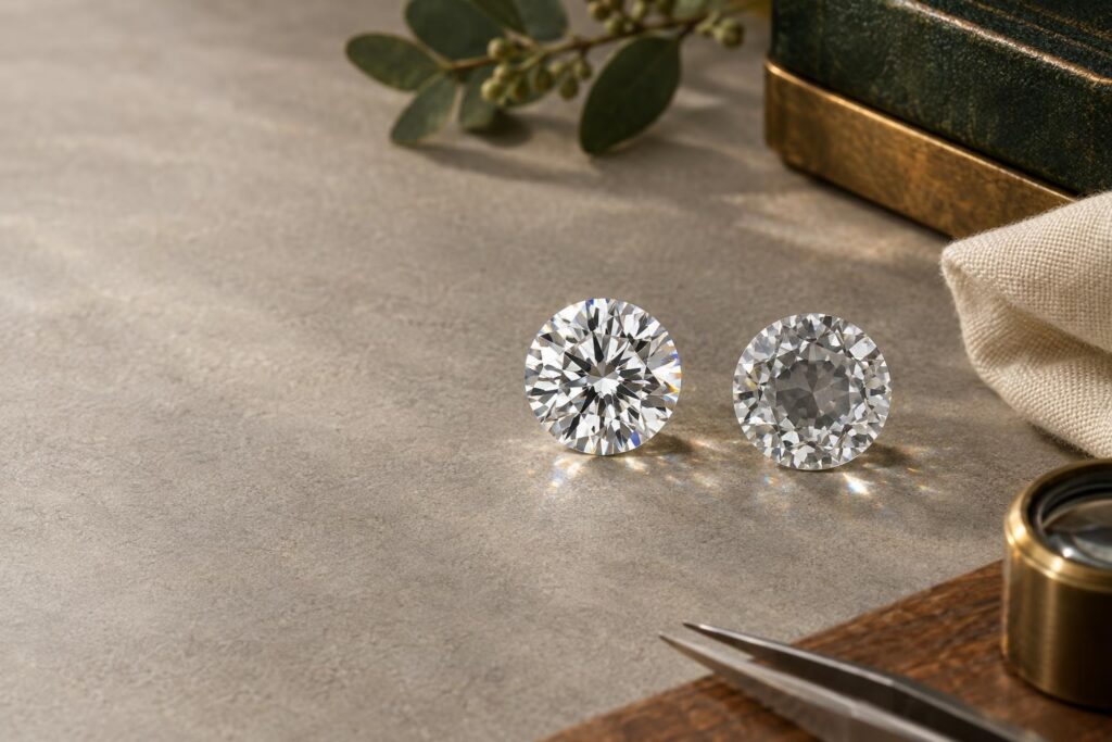 Two round brilliant diamonds compared, one sparkling evenly and one duller from a poorer cut