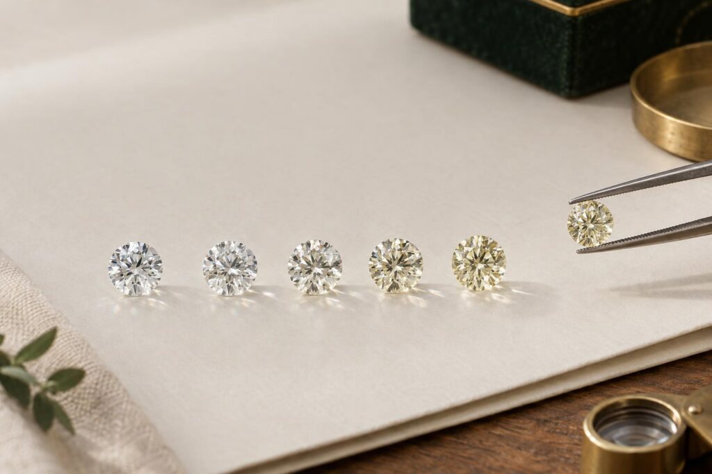 Row of loose round diamonds on white grading paper, from colourless to faint yellow tint