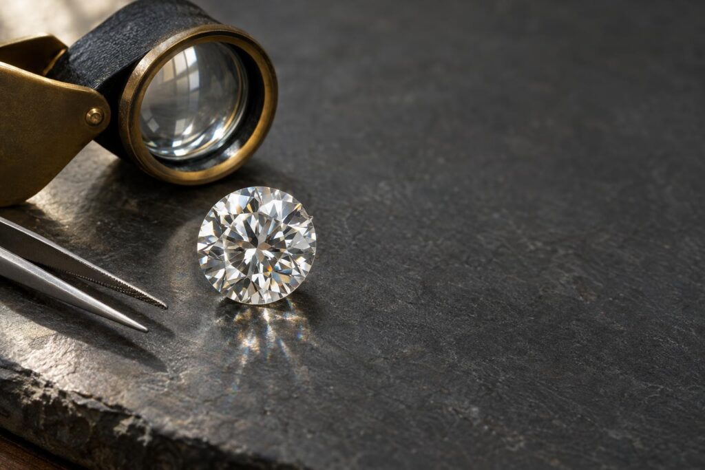 Round brilliant diamond with a small chip on its girdle beside a loupe and tweezers on slate