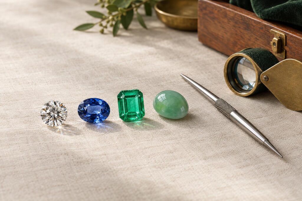 Diamond, sapphire, emerald and jadeite laid in a row on linen with a loupe and test pick