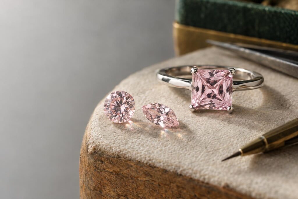Princess-cut sapphire in four prongs with a chipped corner beside round and marquise stones