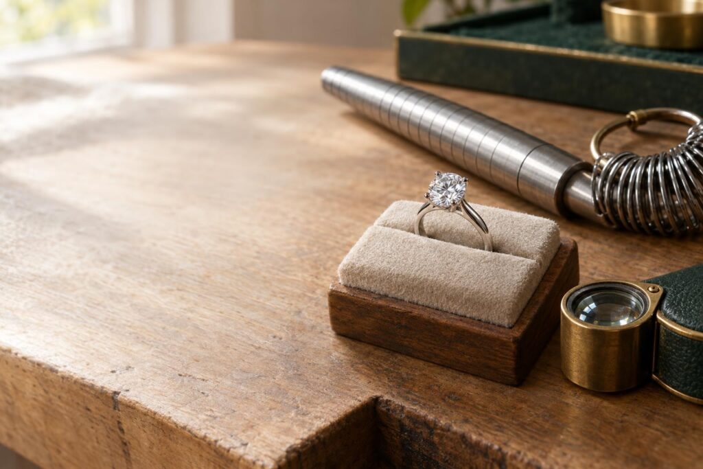 Solitaire diamond ring on a jeweller's bench with a ring mandrel, sizing gauges and loupe, calm space on the left