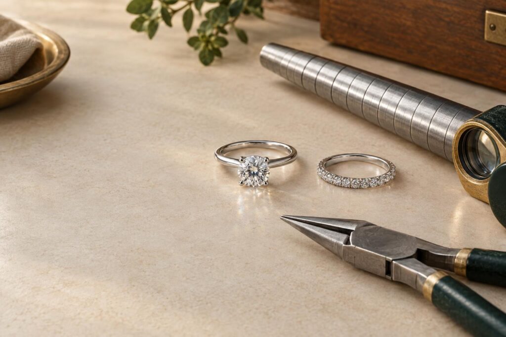 Plain solitaire ring beside a pavé diamond band with sizing pliers and mandrel on a bench