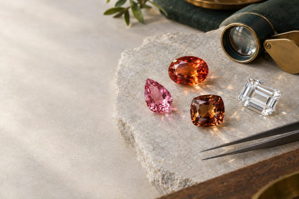 Loose faceted topaz in imperial orange, pink, brown and colourless on a grey stone slab with a loupe and tweezers