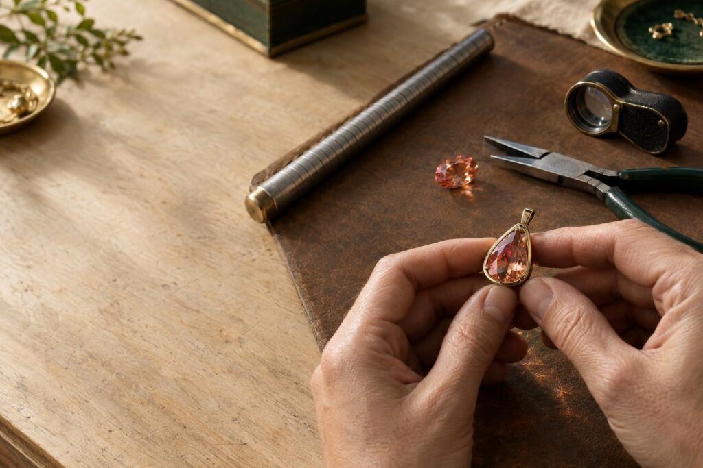 Jeweller's hands at a bench holding a bezel-set pear topaz pendant with pliers and a ring mandrel nearby