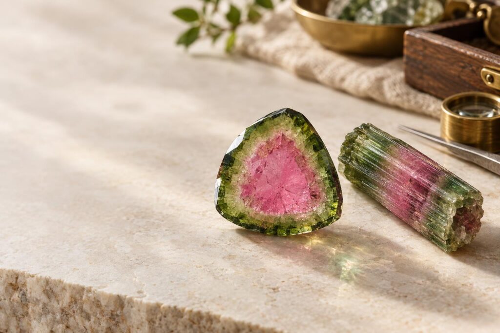 Watermelon tourmaline slice with pink centre and green rim beside a rough striated tourmaline crystal