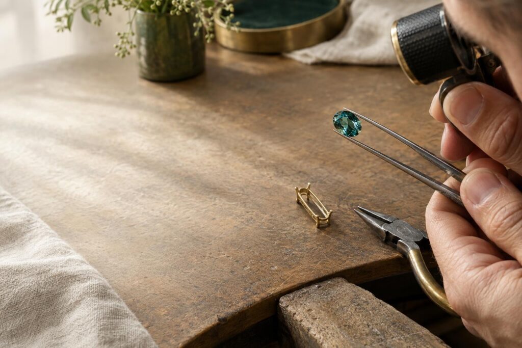 Jeweller examining an oval green tourmaline with tweezers beside an empty claw setting and pliers