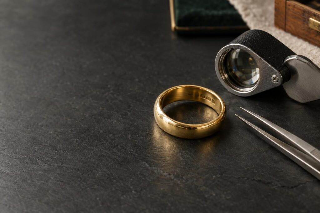 Gold ring with tiny hallmark stamps inside the band beside a jeweller's loupe and tweezers on slate