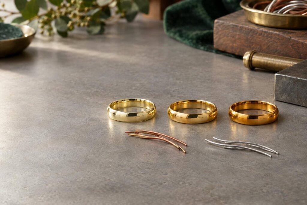 Three gold rings in pale, medium and rich yellow with copper and silver wire beside them