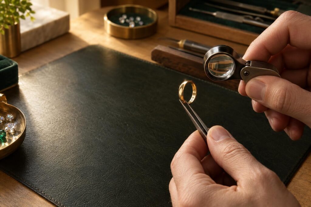 Jeweller's hands inspecting the inside of a gold ring with a loupe and tweezers at a bench
