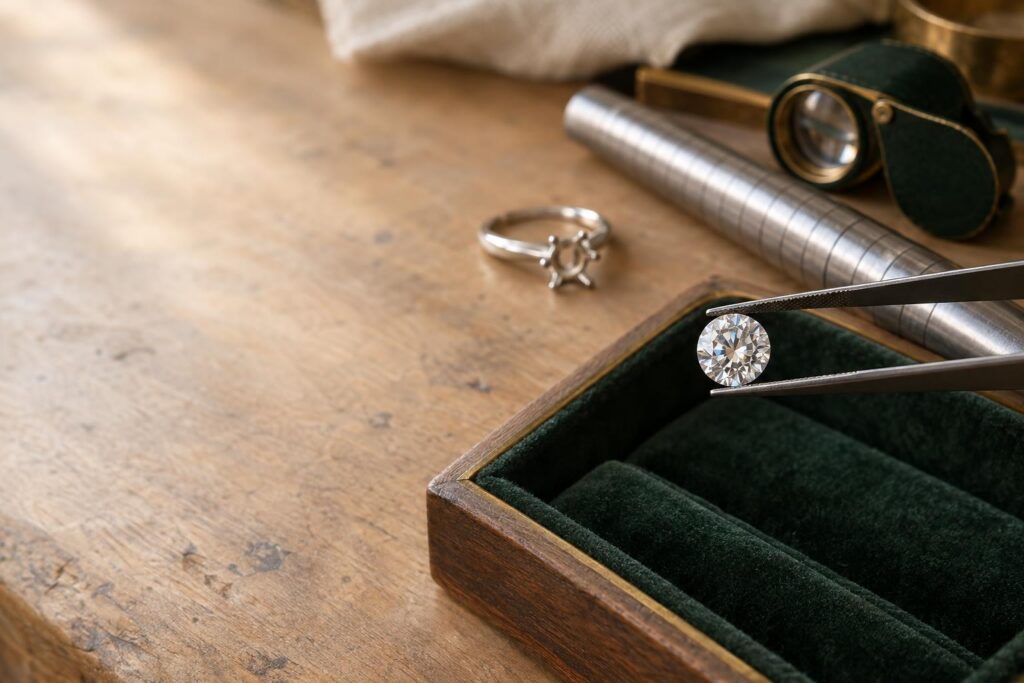 Round brilliant diamond held in tweezers above a jeweller's bench with a ring mandrel, loupe and unset platinum mount