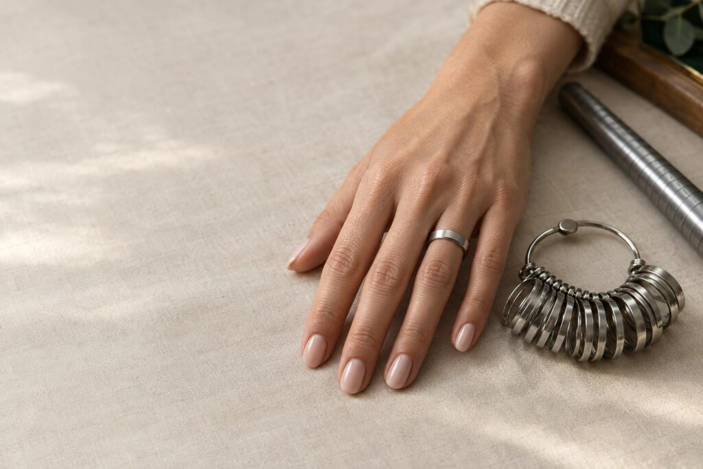 Hand wearing a metal sizing gauge on the ring finger beside a steel ring mandrel on linen