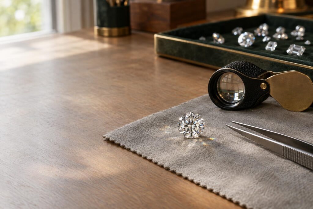 Loose round brilliant diamond with a loupe and tweezers under soft window light on a grey cloth