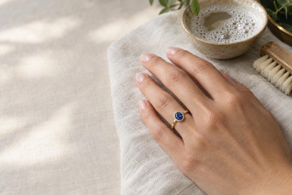 Hand wearing a bezel-set oval sapphire ring beside a soft brush and bowl of soapy water