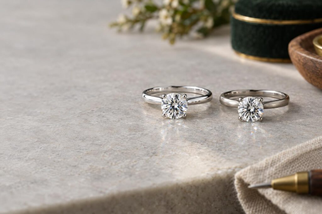 White gold and platinum solitaire engagement rings with round diamonds side by side on grey stone