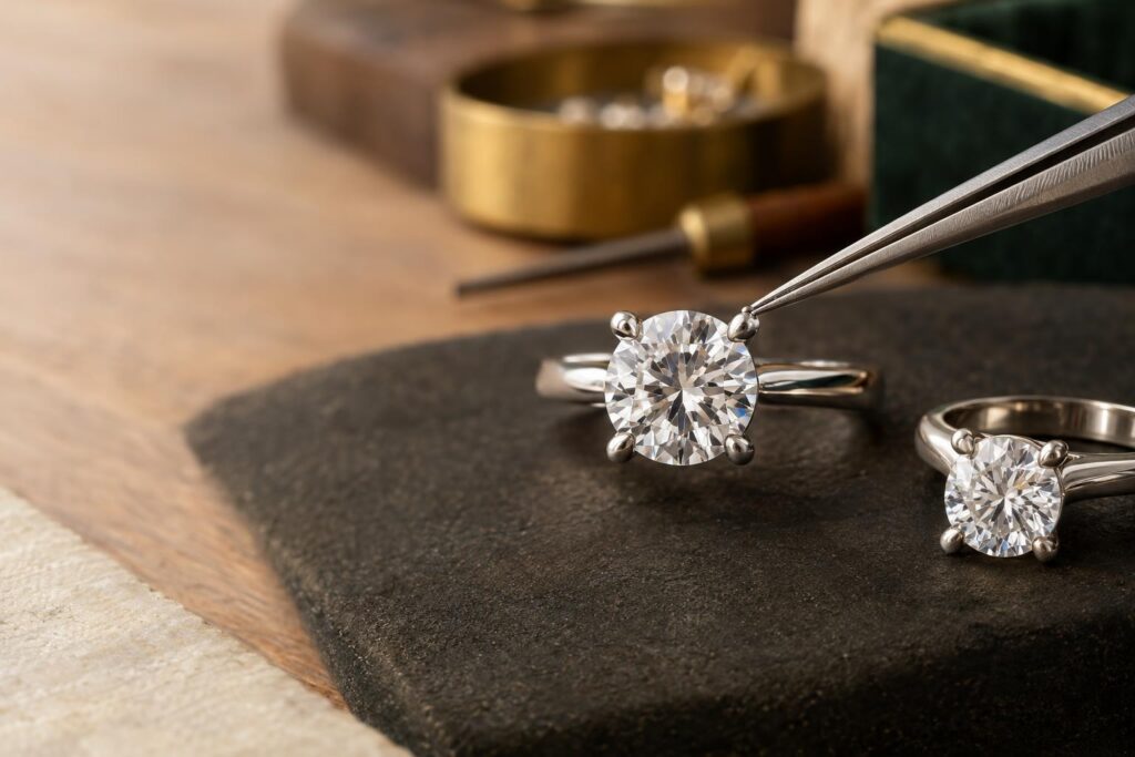 Close-up of platinum claws gripping a round diamond beside a white gold setting, with tweezers touching a claw