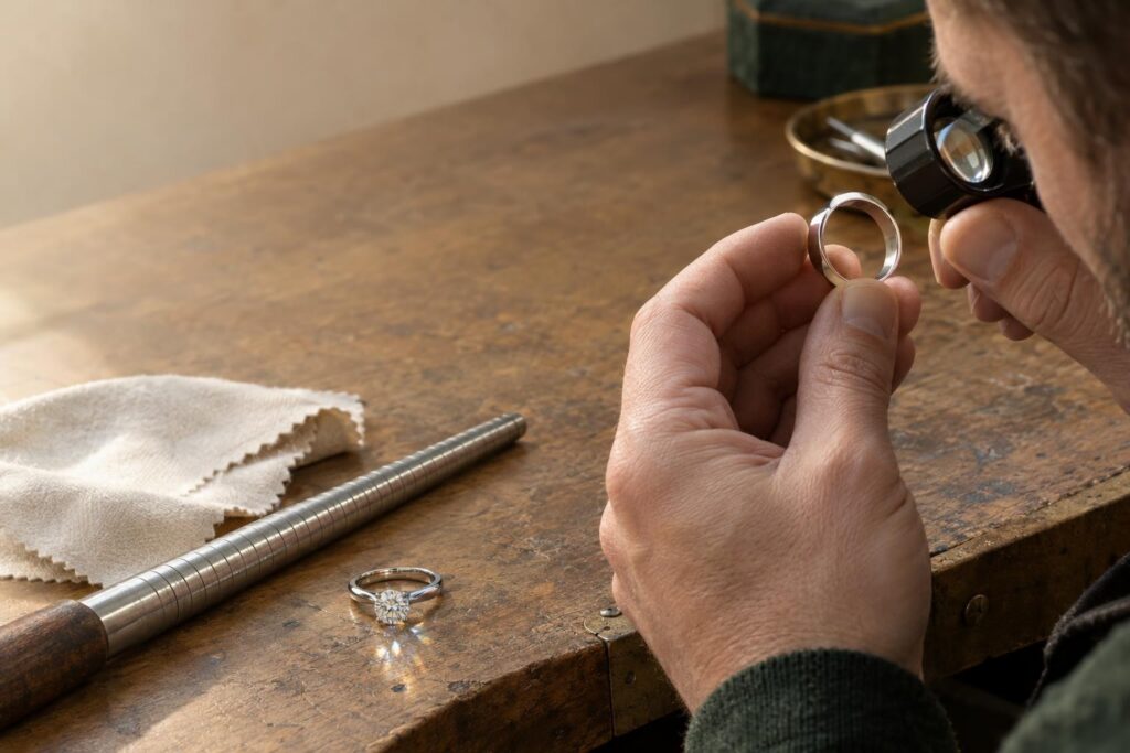 Jeweller's hands inspecting the inside of a white gold ring with a loupe, platinum ring and mandrel nearby