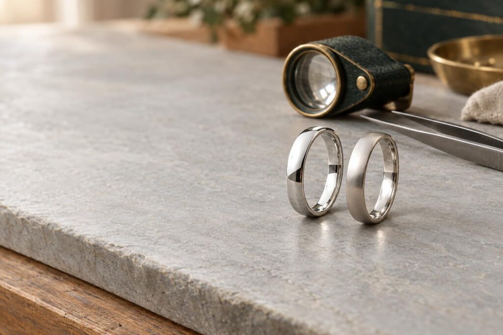 A white gold ring and a platinum ring side by side on a slate bench with a loupe and tweezers
