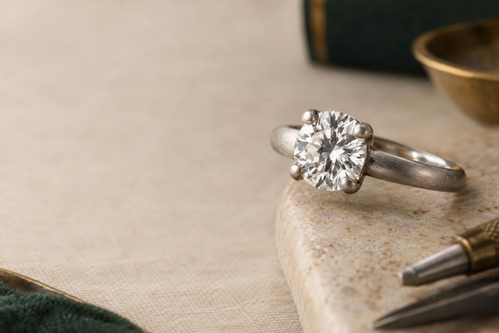 Close-up of a platinum four-claw setting gripping a round brilliant diamond, with a soft satin patina on the metal