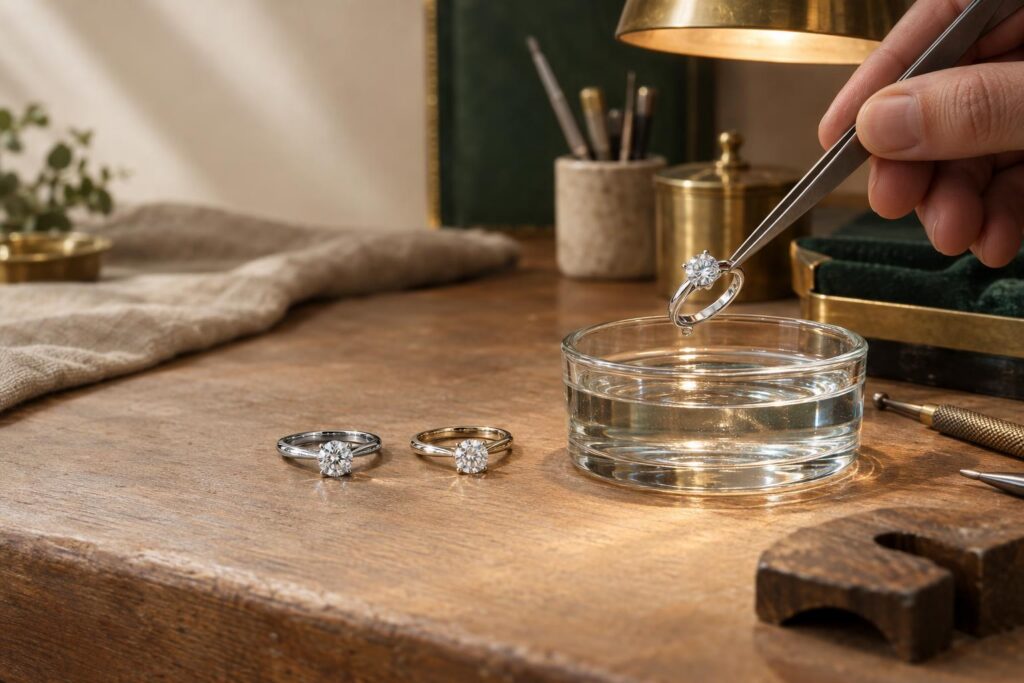 Hands holding a white gold ring with tweezers beside rings in plated and unplated white gold