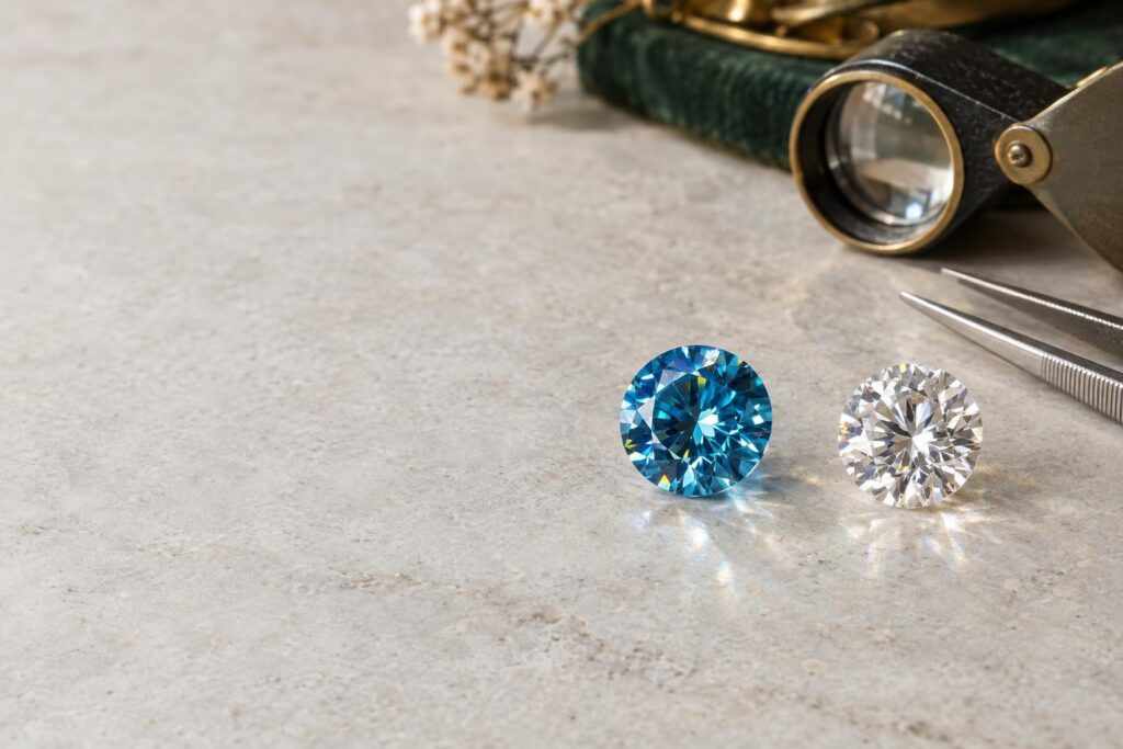 Blue zircon and colourless cubic zirconia side by side on grey stone with loupe and tweezers