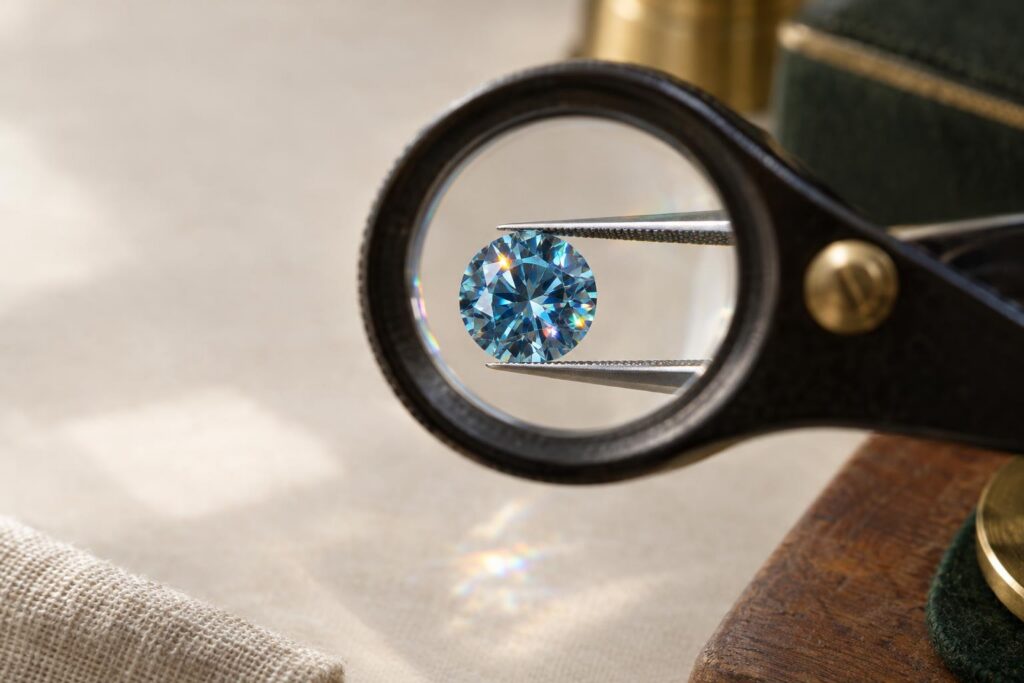 Blue zircon in tweezers showing doubled facet edges and fire